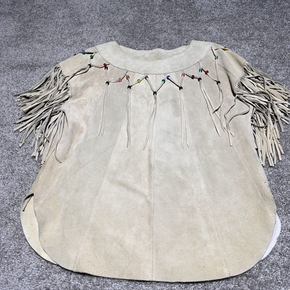Pioneer Wear Fringe Beaded Tan Ivory Leather Women's Top Size 10 Cowgirl Western - Picture 2 of 13